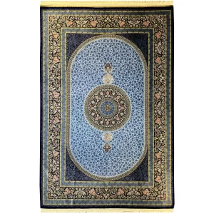 قالیچه نقشه گلریز آبی درباری تمام ابریشم قم
