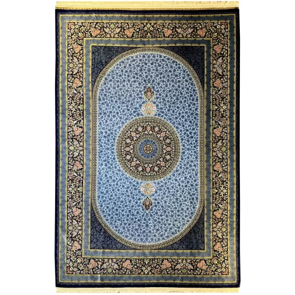 قالیچه نقشه گلریز آبی درباری تمام ابریشم قم